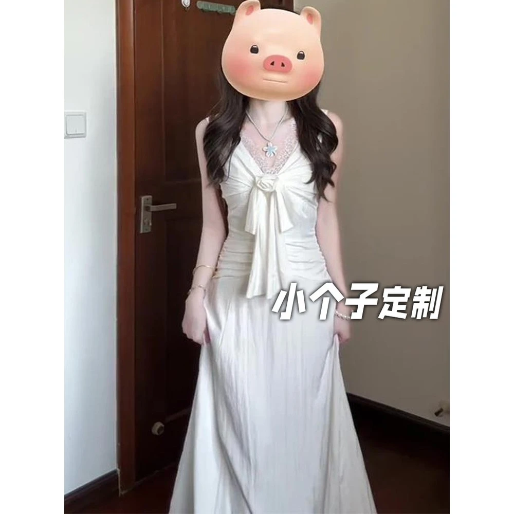 150小矮个子蕾丝V领法式无袖连衣裙女秋季收腰a字裙中长款高级感