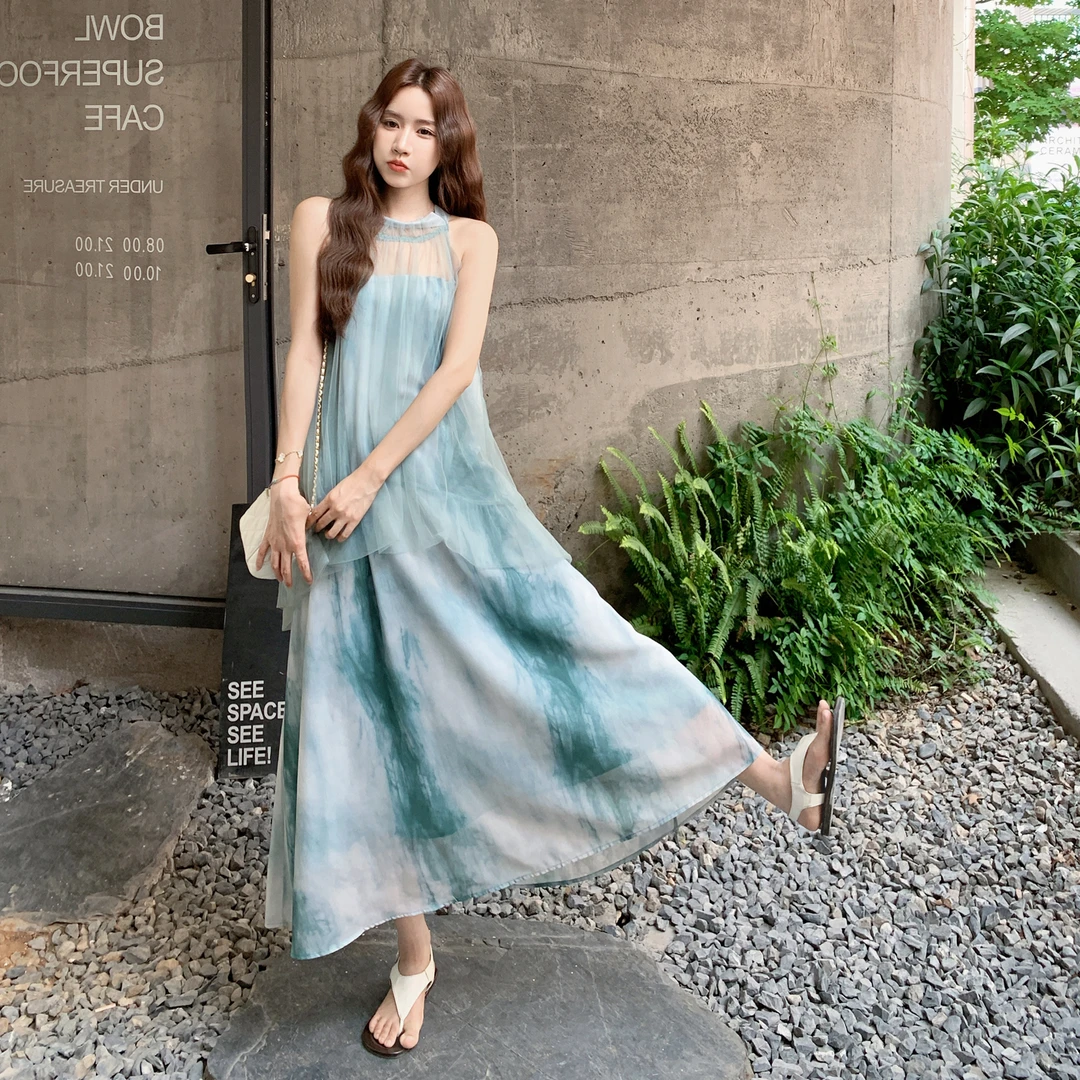韩版蓝色拼接假两件挂脖套装裙女2025长款无袖晕染花边气质连衣裙