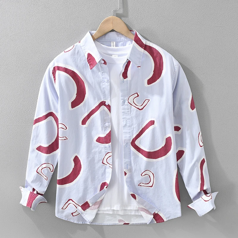 春秋新款高级日系清新印花长袖衬衫男士时尚百搭文艺休闲宽松上衣