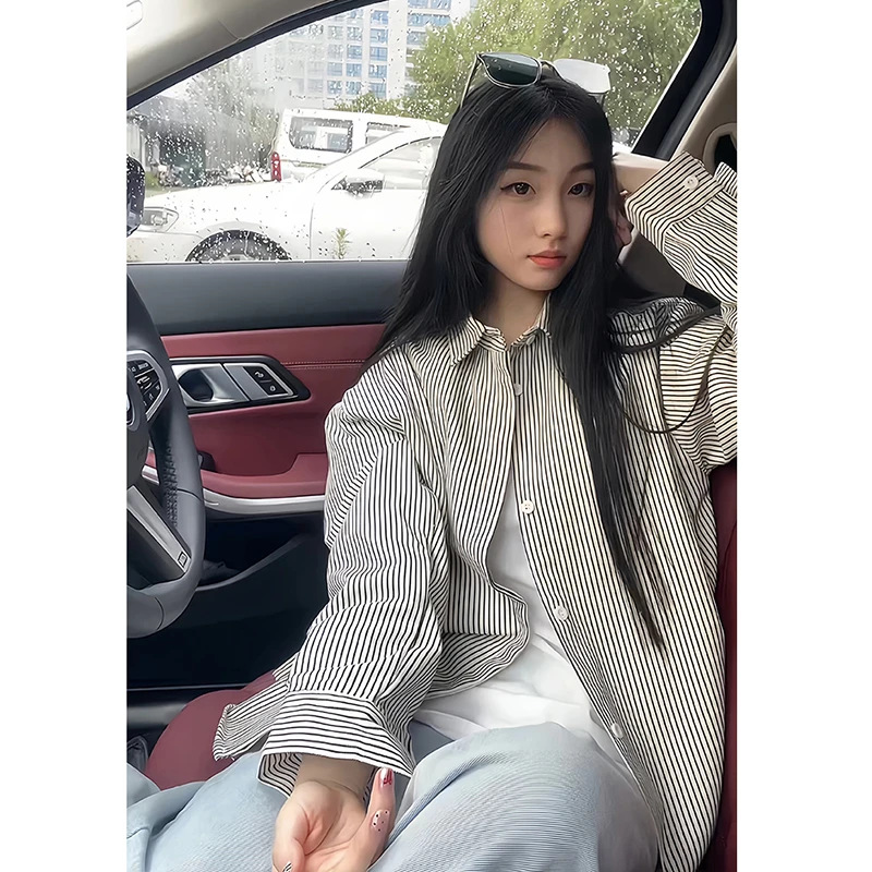 美式复古竖条纹衬衫男女款秋季高级感cleanfit衬衣叠穿情侣装外套