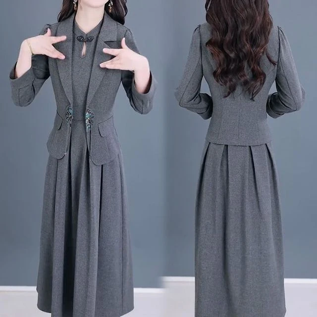 新中式国风气质套装2025秋新款盘扣西装长袖外套+连衣裙两件套女