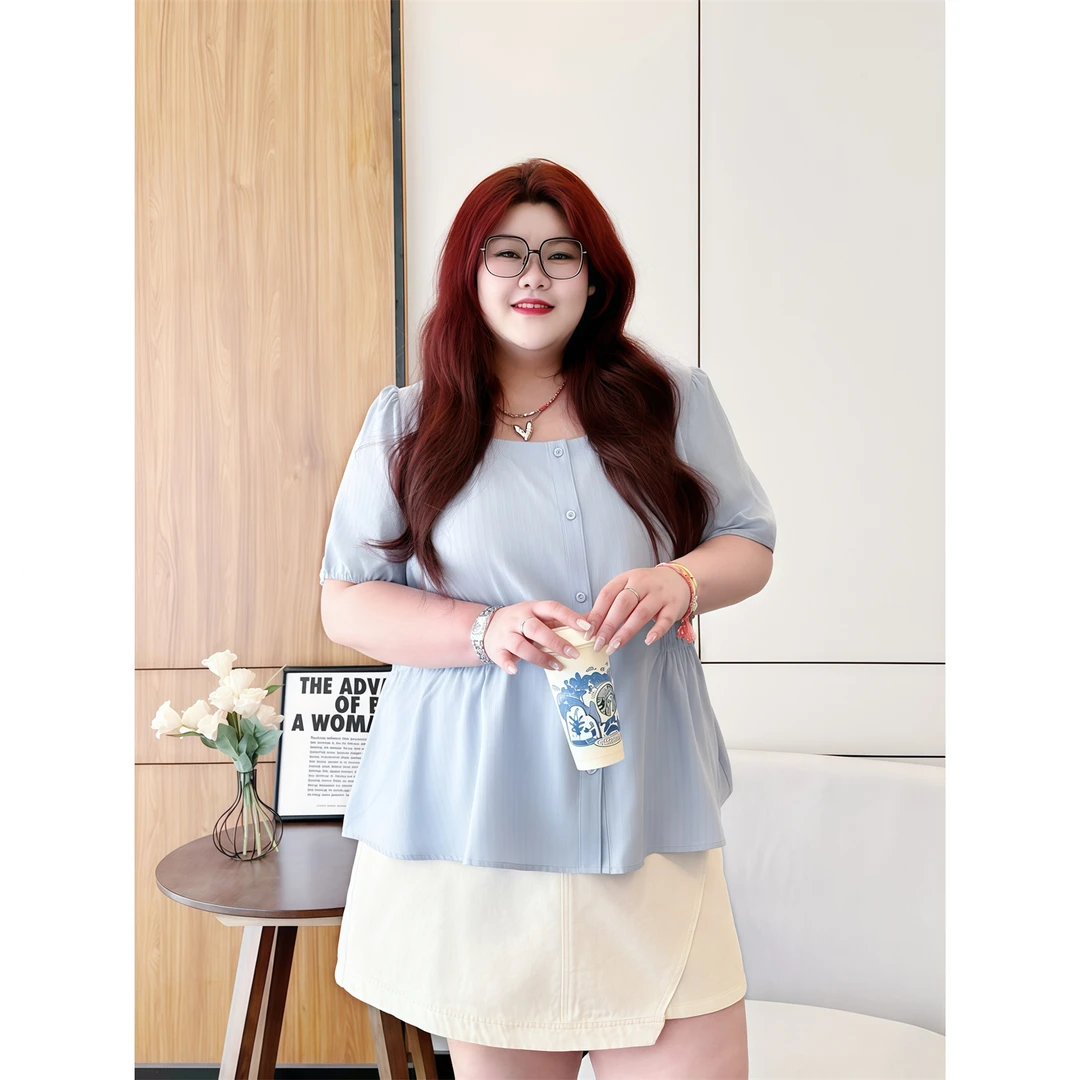 断码捡漏X蜜桃软风 / 设计感甜美纯欲短袖衬衫18257花契大码胖mm