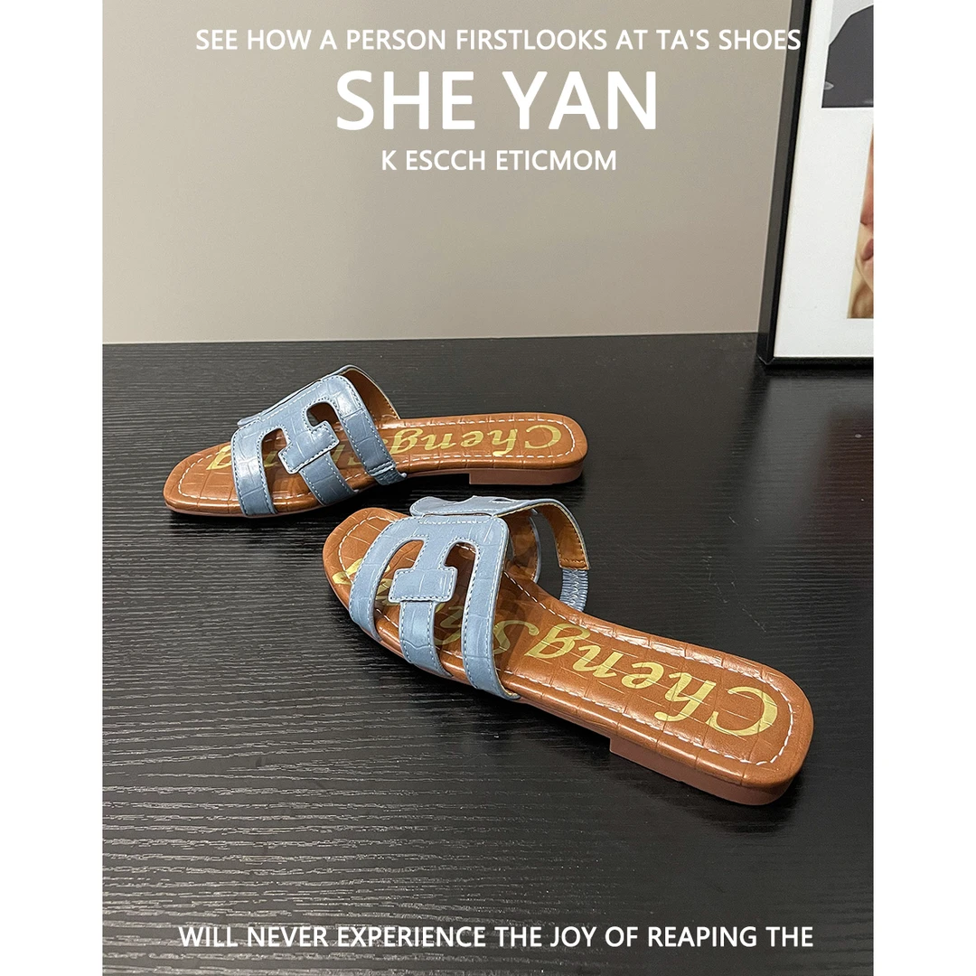 露趾平底一字拖女款2025春季新款百搭沙滩防滑时尚凉拖鞋