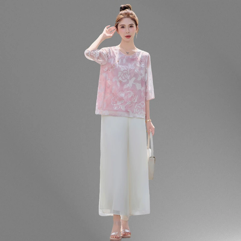 时尚套装裙裤女宽松大码女装洋气妈妈夏装胖MM新中式阔腿裤两件套