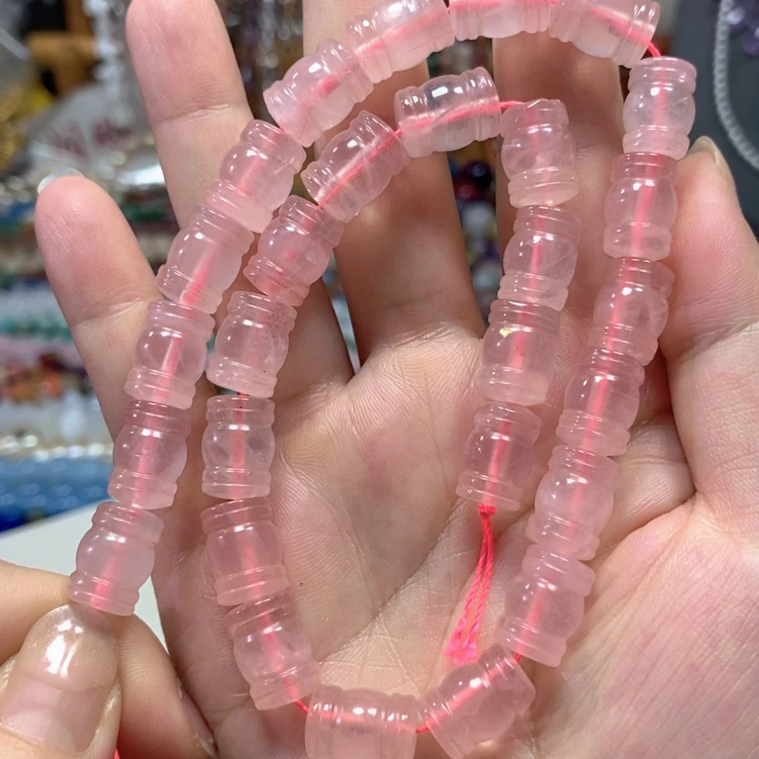玛瑙/玉髓合金珠宝半成品粉晶雕刻螺纹桶珠一条卡10*14mm
