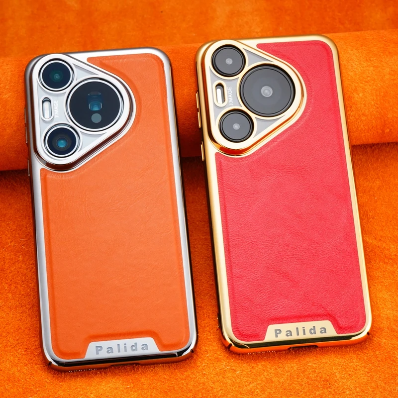 适用华为Pura70Pro电镀皮纹手机壳高档商务男P60/P50精孔保护防摔