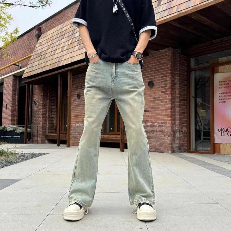 2025新款秋冬微喇水洗长裤男士复古蓝直筒男士秋冬复古直筒牛仔裤