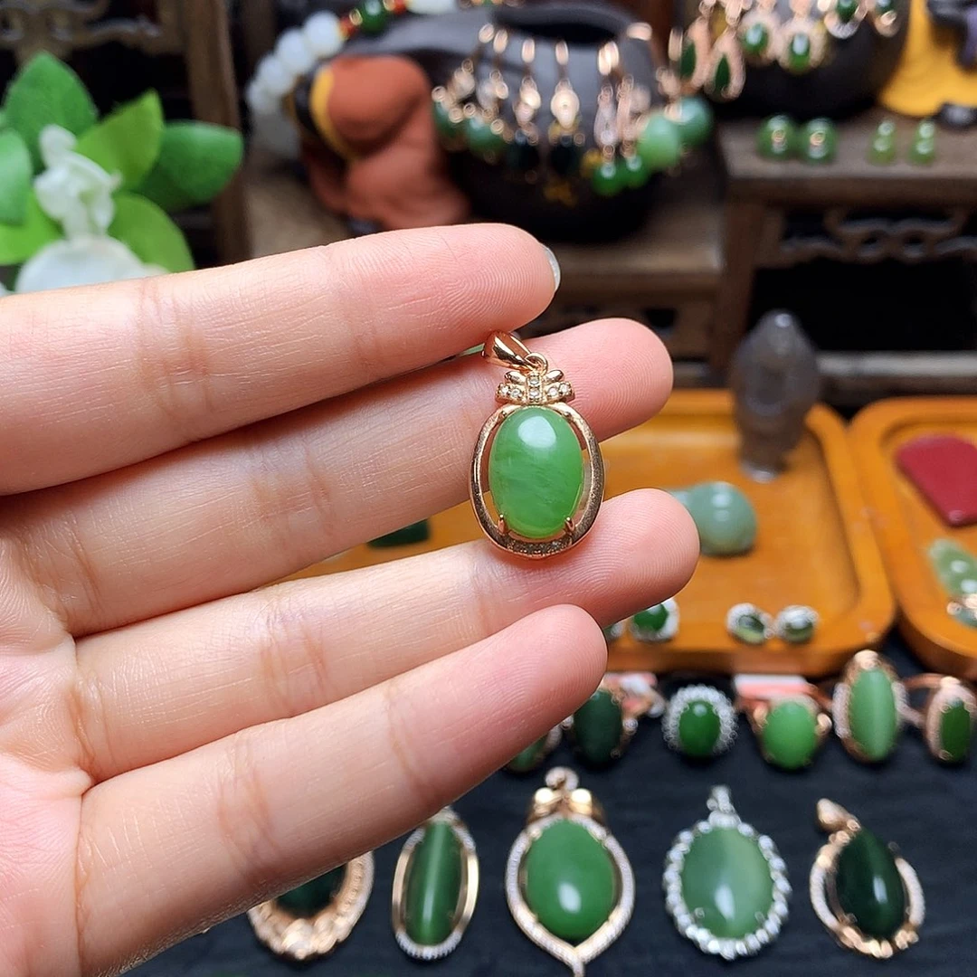 和田玉（碧玉）银S925镶嵌吊坠(不含链)