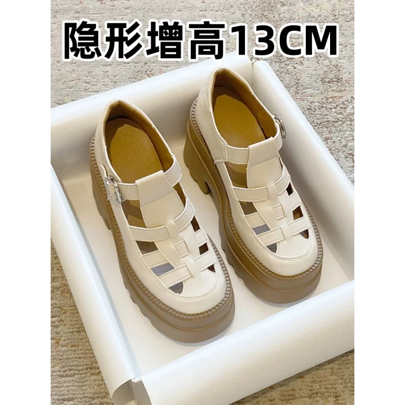 内增高13CM罗马凉鞋女款2025新款真皮夏季法式高跟鞋子镂空猪笼鞋