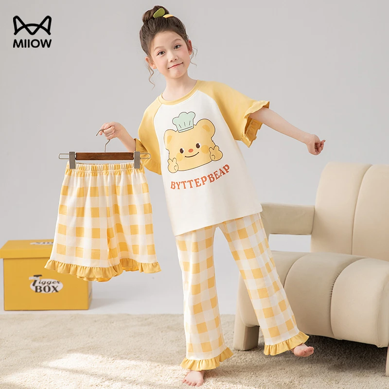 猫人女童睡衣夏季薄款短袖可外穿100%纯棉家居服三件套装黄油小熊