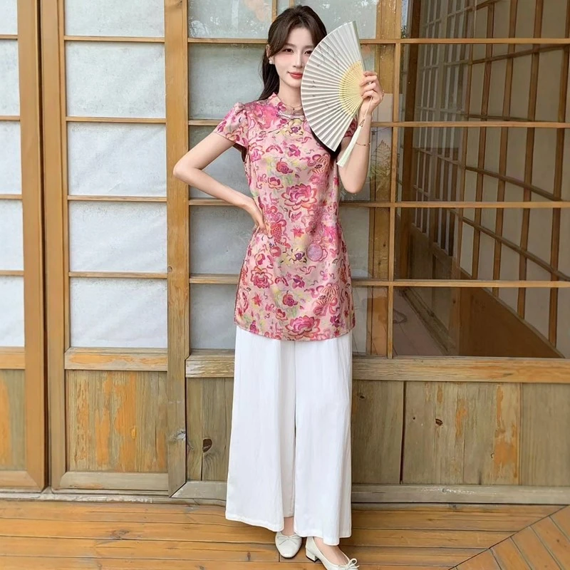 2025夏季新款新中式清冷感禅意套装国风中国风改良旗袍上衣阔腿裤