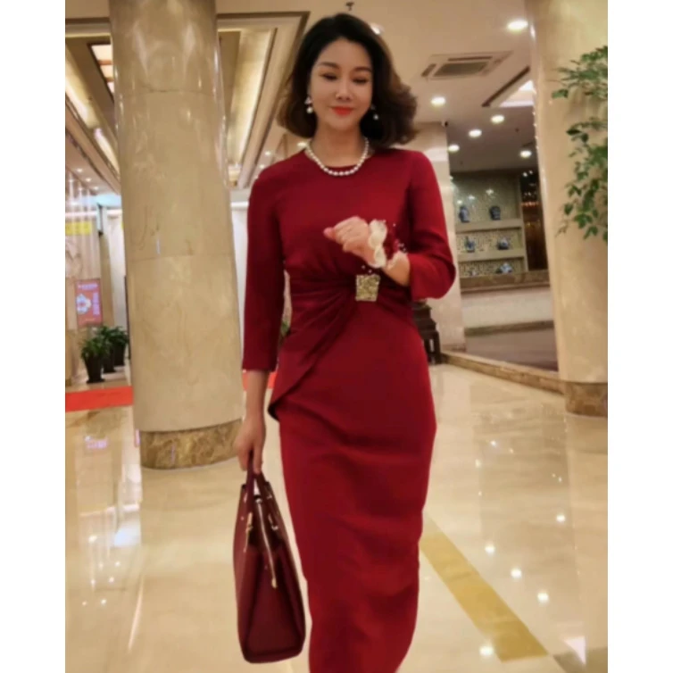 Y-8024喜妈妈显瘦气质时尚女士长款新娘圆领秋冬显瘦修身晚礼服