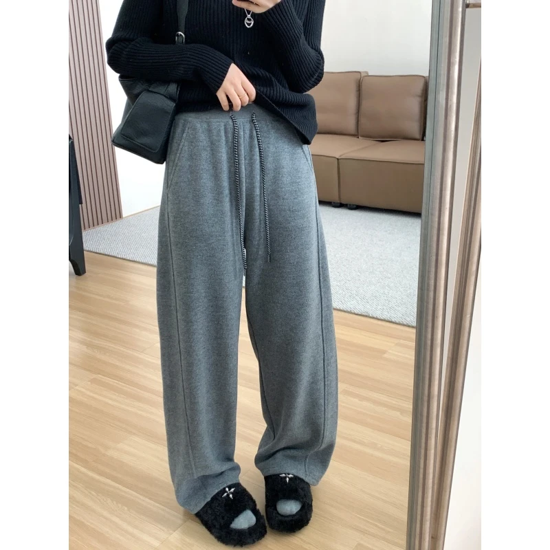 JMHH【月光】奶芙绒灰色加绒加厚弯刀裤女秋冬显瘦遮肉保暖休闲裤