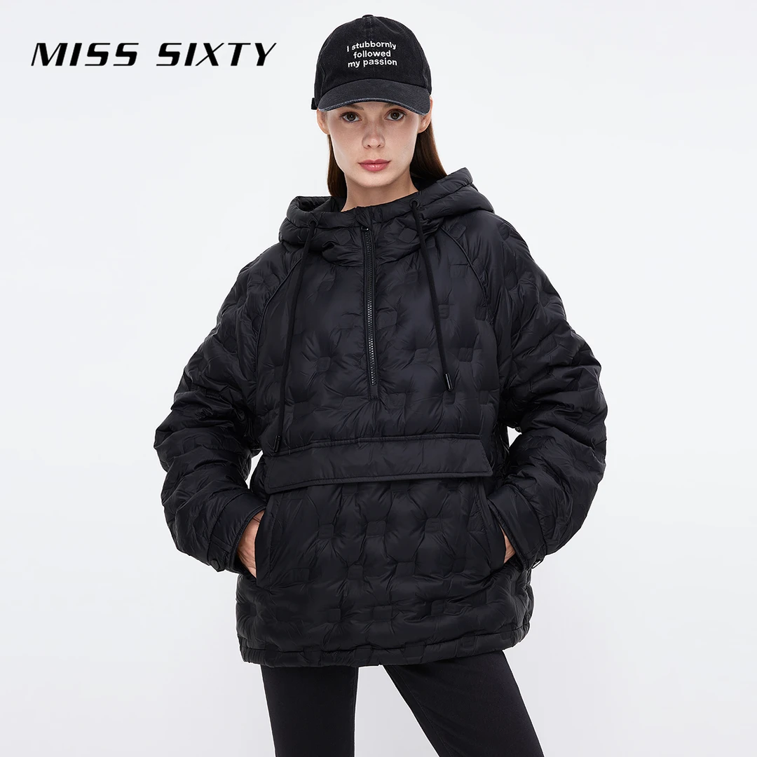 Miss Sixty羽绒服女纯色压花连帽半拉链套头口袋休闲保暖