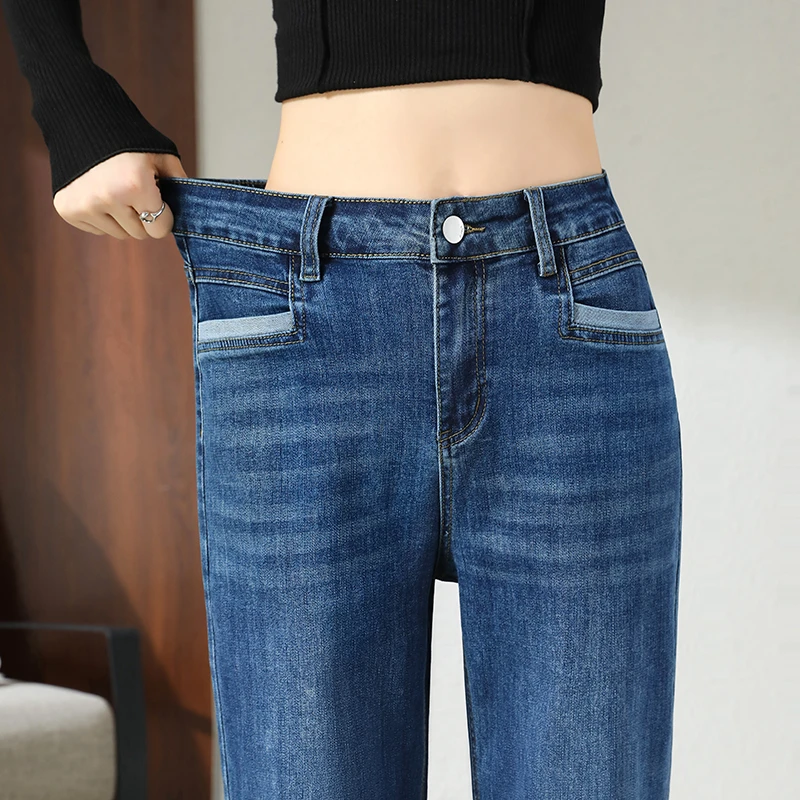 大码胖MM风烟管裤休闲风高腰牛仔裤女显瘦休闲九分修身春夏直筒裤