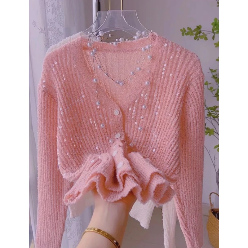 Sz69重工亮片毛衣女款气质长袖百搭洋气春秋款开衫上衣针织衫
