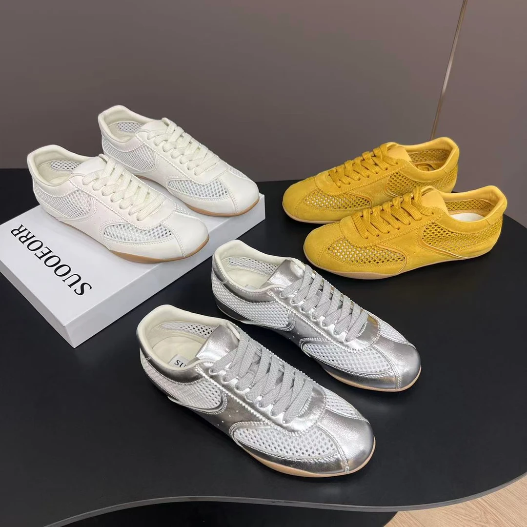 索尔/SUOOEORR欧货夏款真皮女鞋百搭网面透气平底休闲运动德训鞋