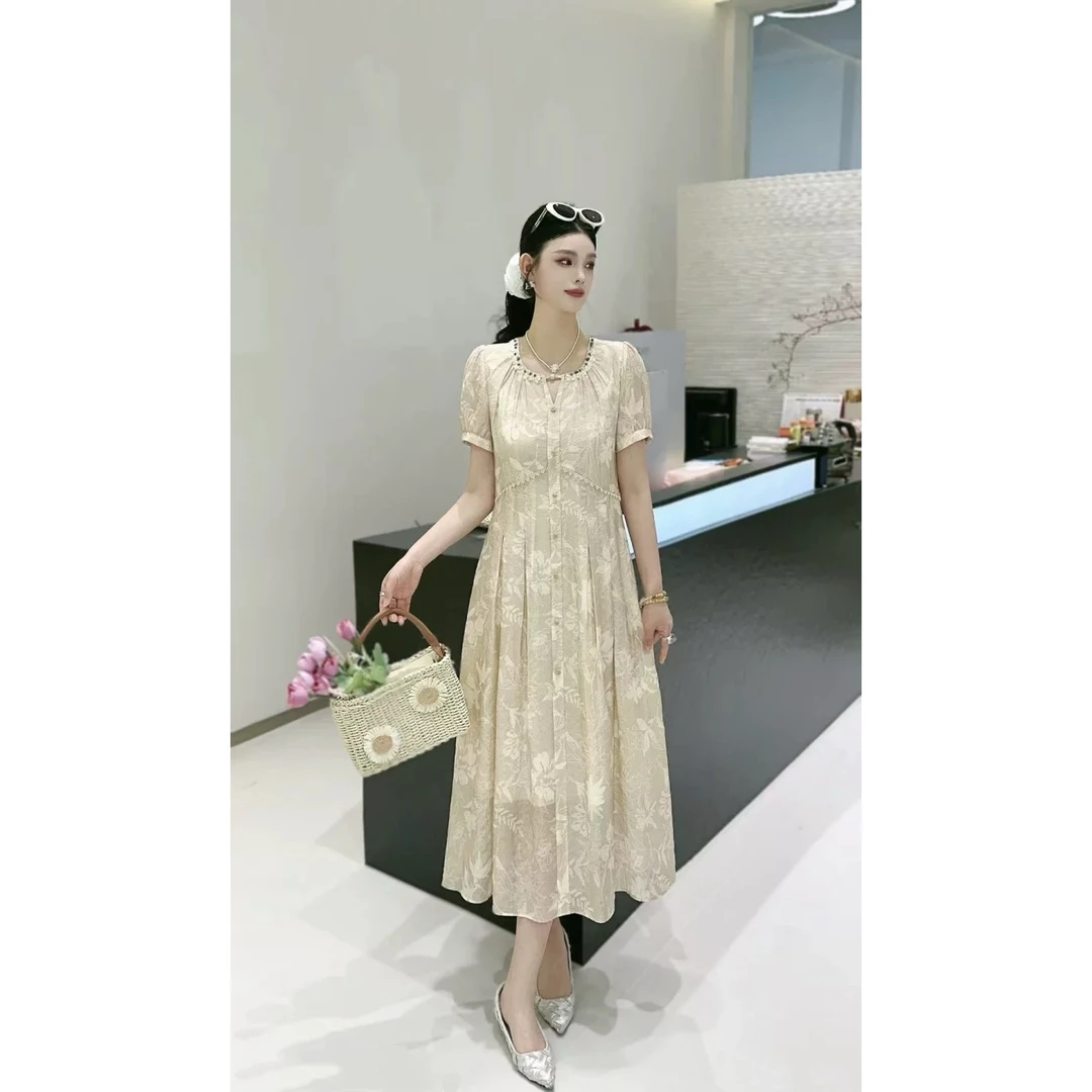 夏季印花法式宽松连衣裙温柔长裙L411