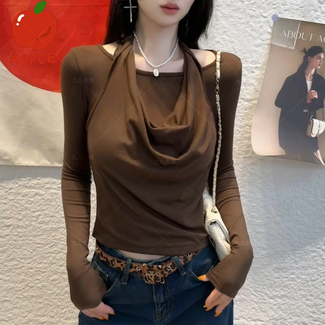 2025新款荡领修身T恤女早秋打底衫挂脖假两件内搭长袖上衣女1011