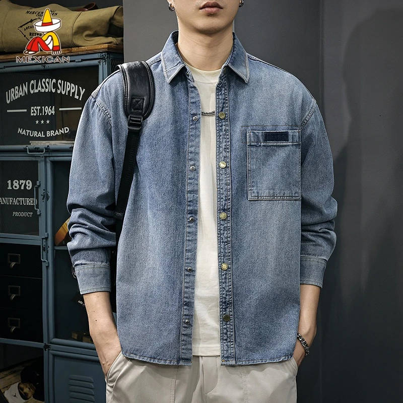 Mexican/稻草人秋季痞帅牛仔工装衬衫男士美式复古宽松衬衣外套潮