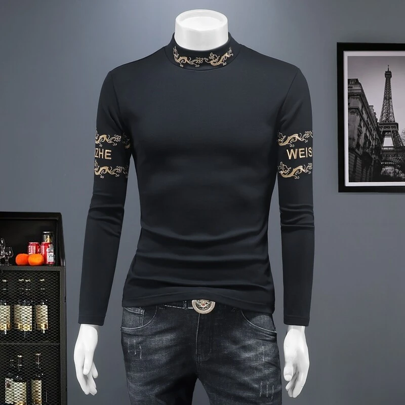 Tispair/蒂斯派尔刺绣t恤男长袖冬季内搭半高领打底衫男加厚秋衣