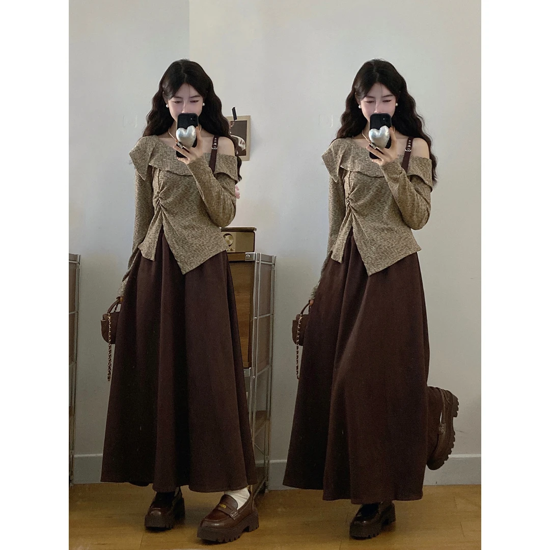 大码胖MM遮肚藏肉套装女秋季不规则露肩长袖上衣高腰半身裙两件套