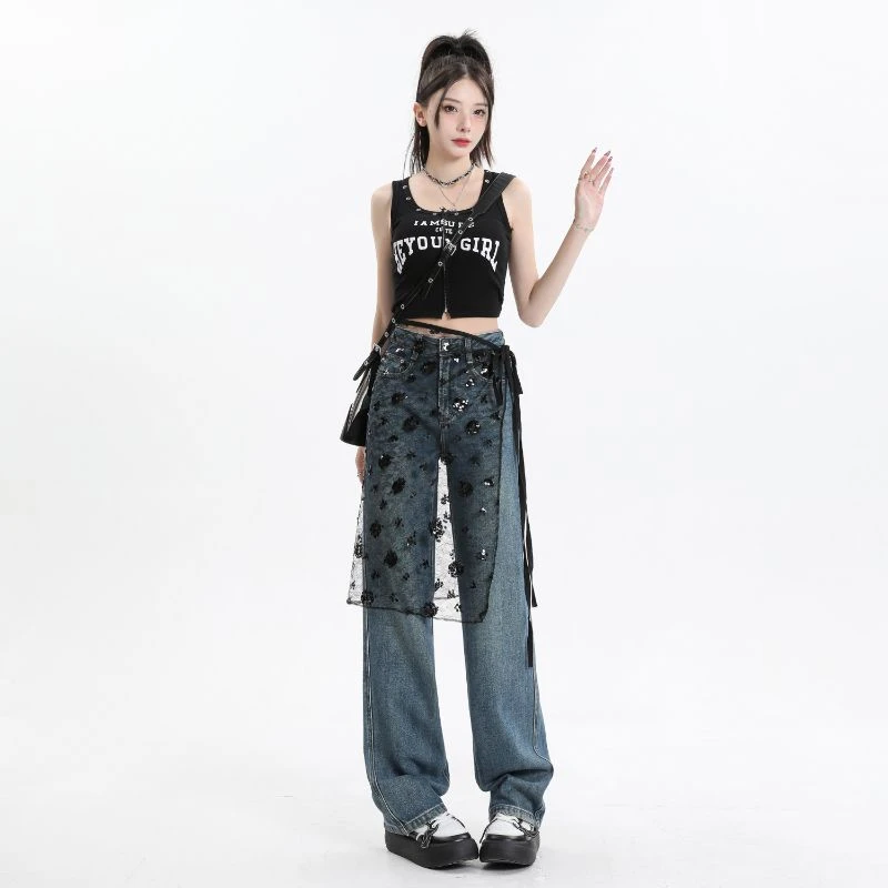 OUJU/偶句2024年秋冬新款阔腿牛仔裤女宽松高腰百搭显瘦直筒裤