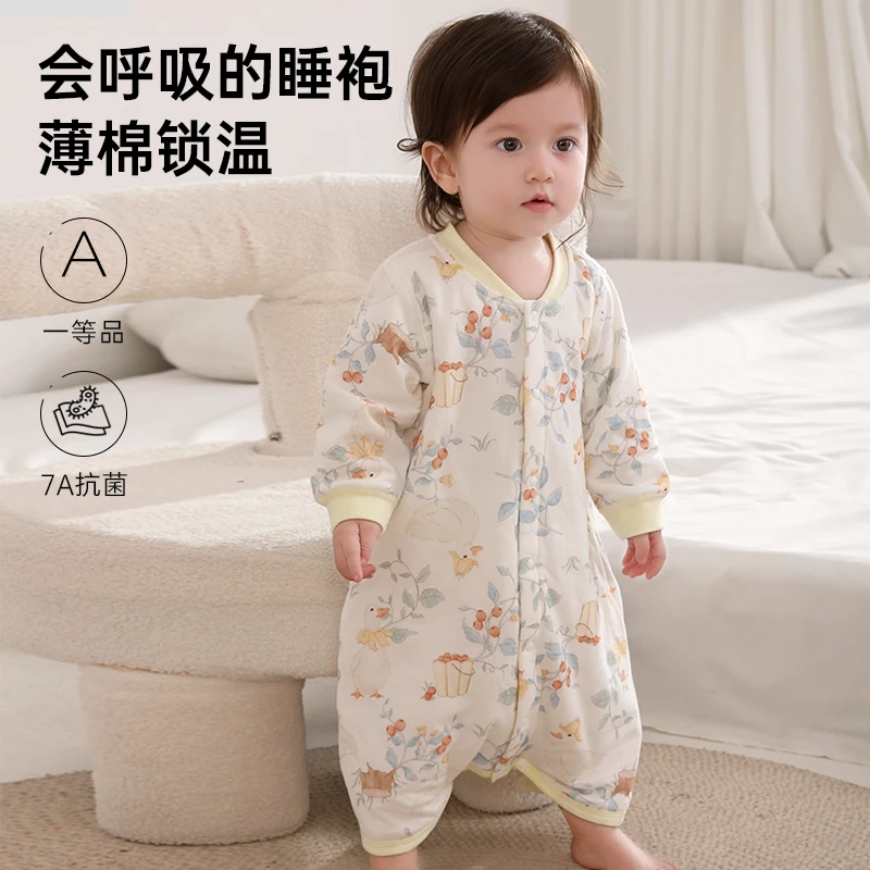婴儿睡袍防踢春秋薄款纯棉男女长袖睡衣连体家居服宝宝空调服秋冬