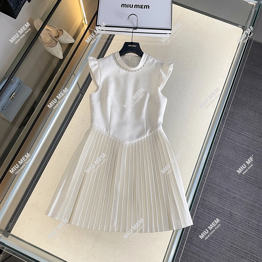 现货轻奢25新款法式小香风立领镶钻拼接百褶连衣裙DY6512