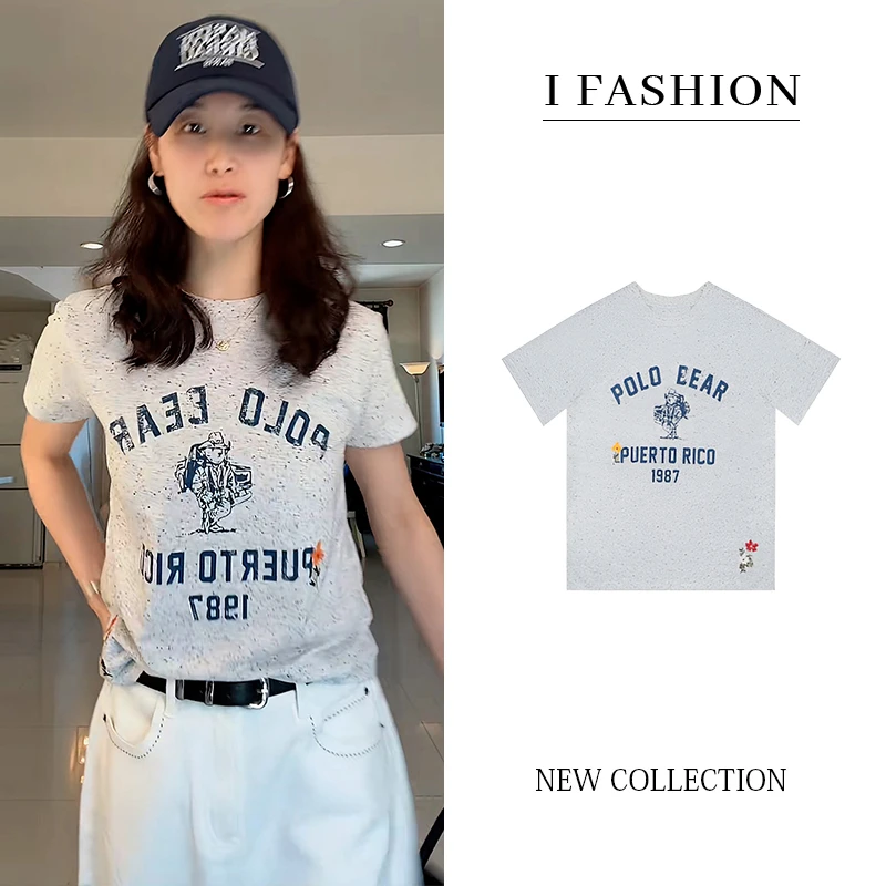 高含棉时尚韩版字母印花短袖t恤女2025夏季新款修身显瘦正肩上衣