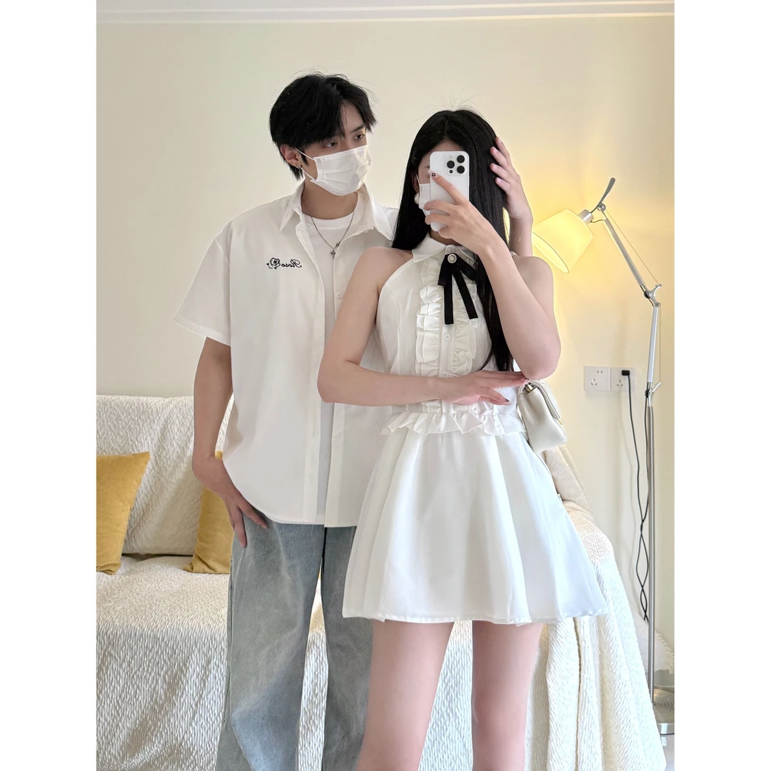 情侣装法式纯欲蝴蝶结无袖连衣裙子女收腰小众公主百褶短裙男衬衫