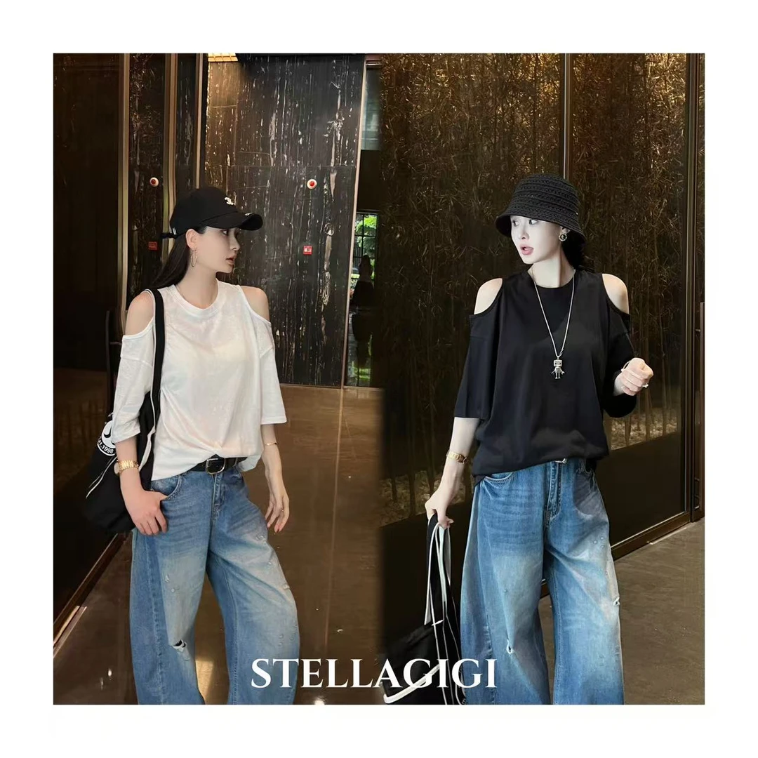 SG / 郭幂幂 SS 纯色松弛感 超百搭镂空露肩圆领短袖T-20251524