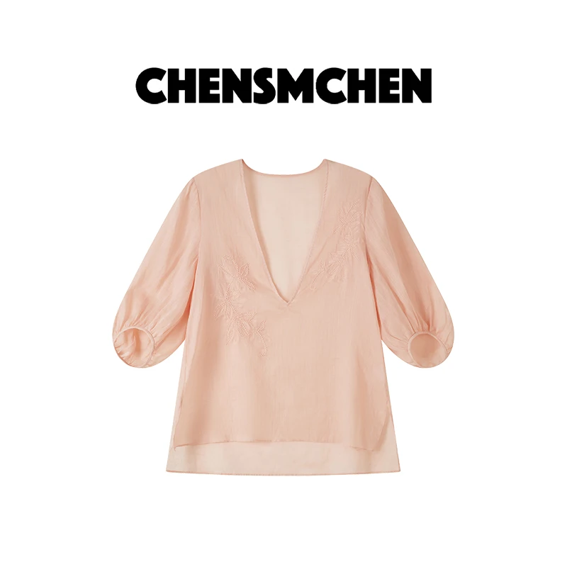 CHENSMCHEN100苎麻V领休闲百搭衬衫女春夏时尚简约上衣CSC4012NNA