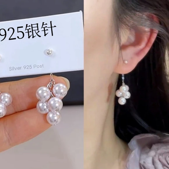 老凤祥足银s925银针曼塔玫瑰粉紫珍珠流苏耳钉高级百搭小众温柔气