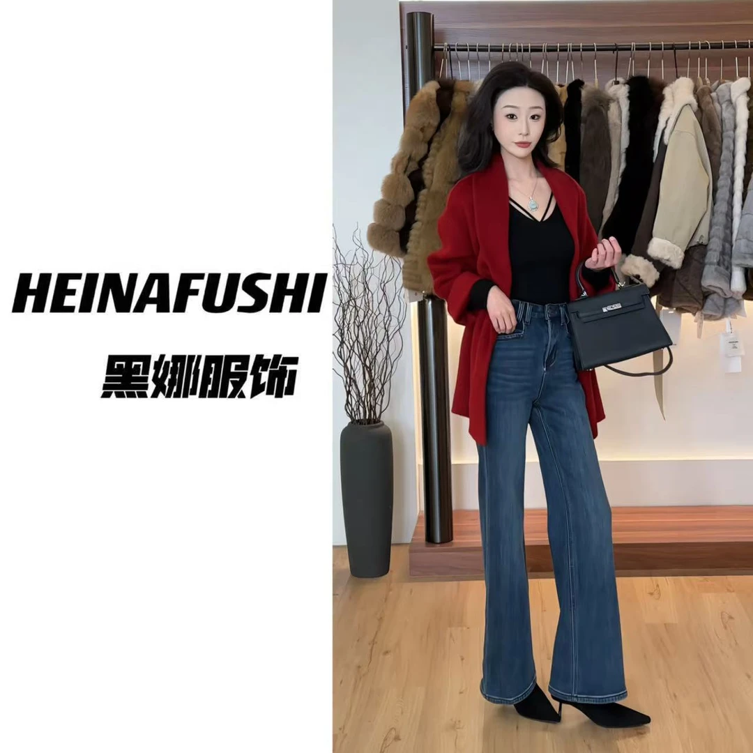 HEINA 复古蓝色不贴腿加绒微喇裤827
