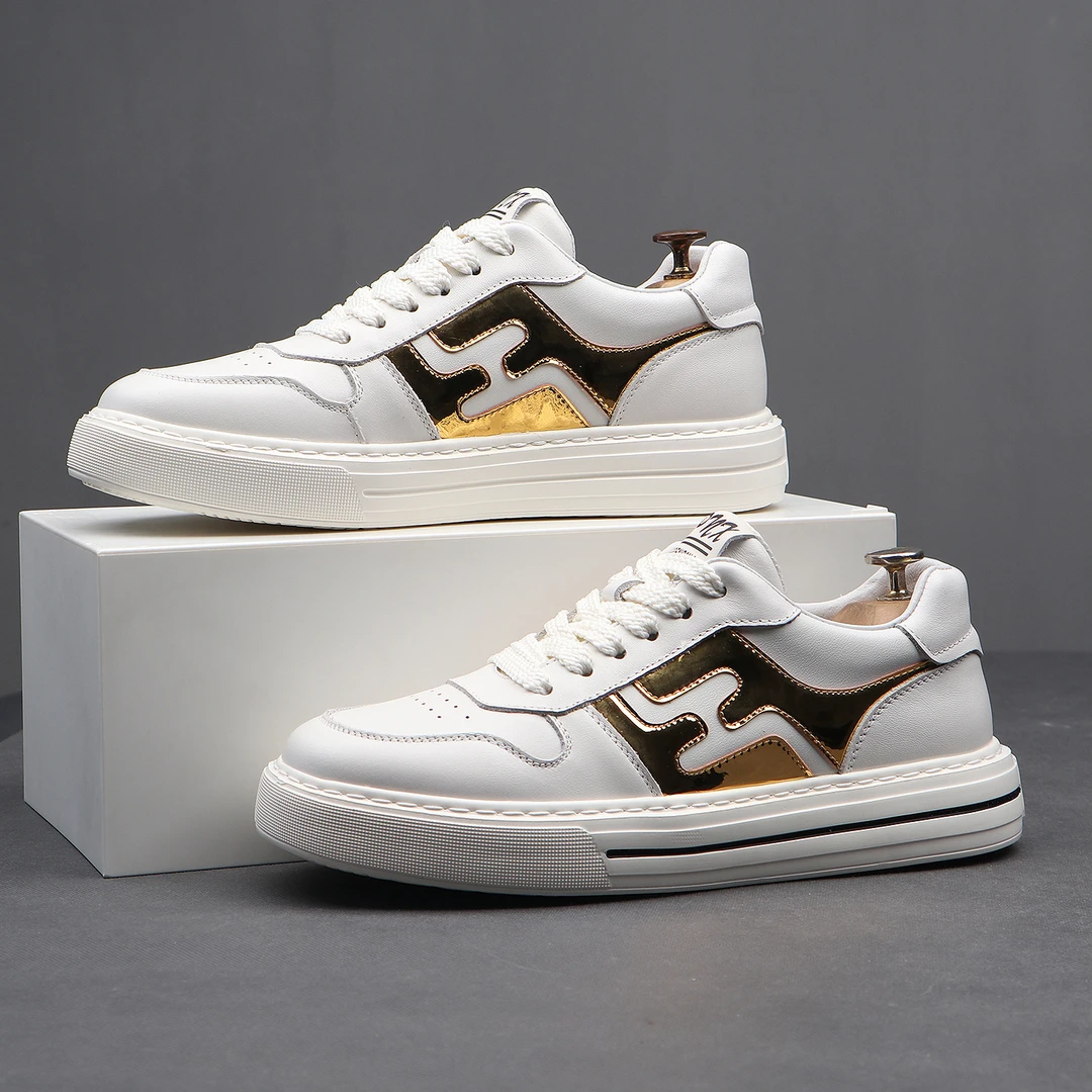 头层牛皮2025新款板鞋男休闲鞋夏季透气厚底真皮小白鞋运动鞋金色