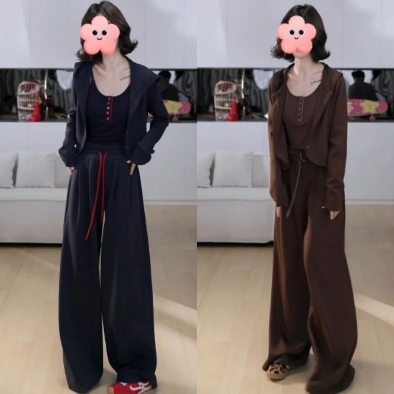 2025新款灰色短外套帽衫+百搭背心+显瘦高腰休闲裤LK2505391