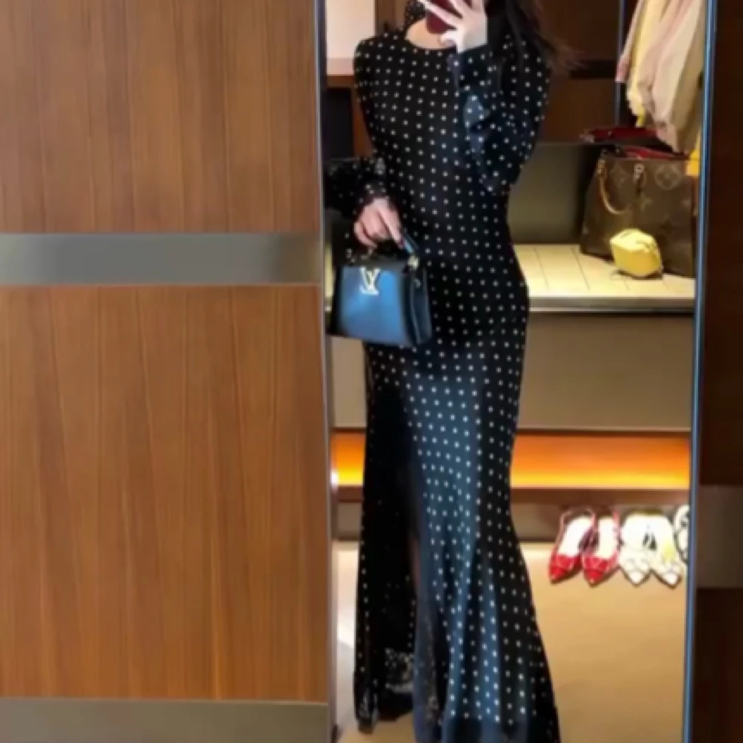 波点装饰花朵开衩鱼尾裙长裙