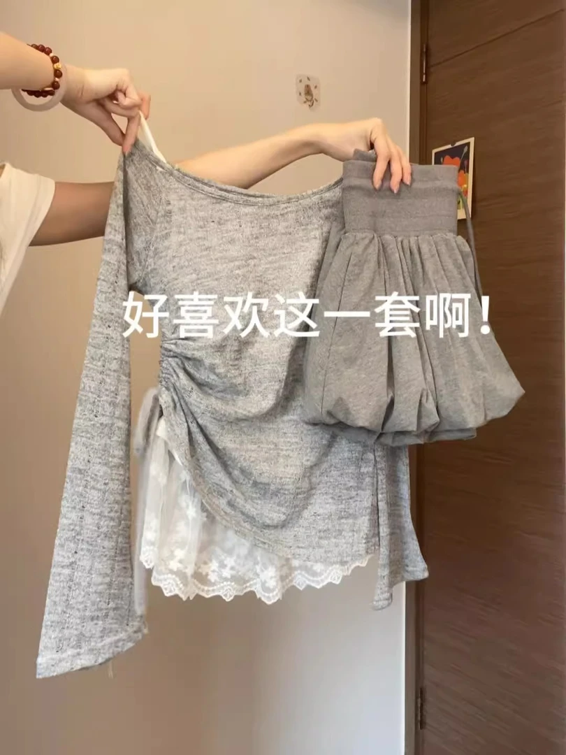 夏季减龄一整套穿搭韩系抽绳罩衫蕾丝吊带花苞短裙ootd穿搭套装