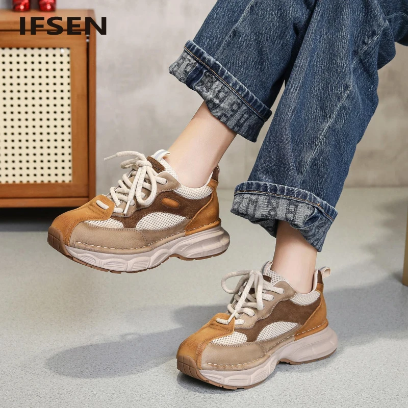 IFSEN运动休闲鞋女2025春新款时尚百搭单鞋拼色网纱透气阿甘鞋