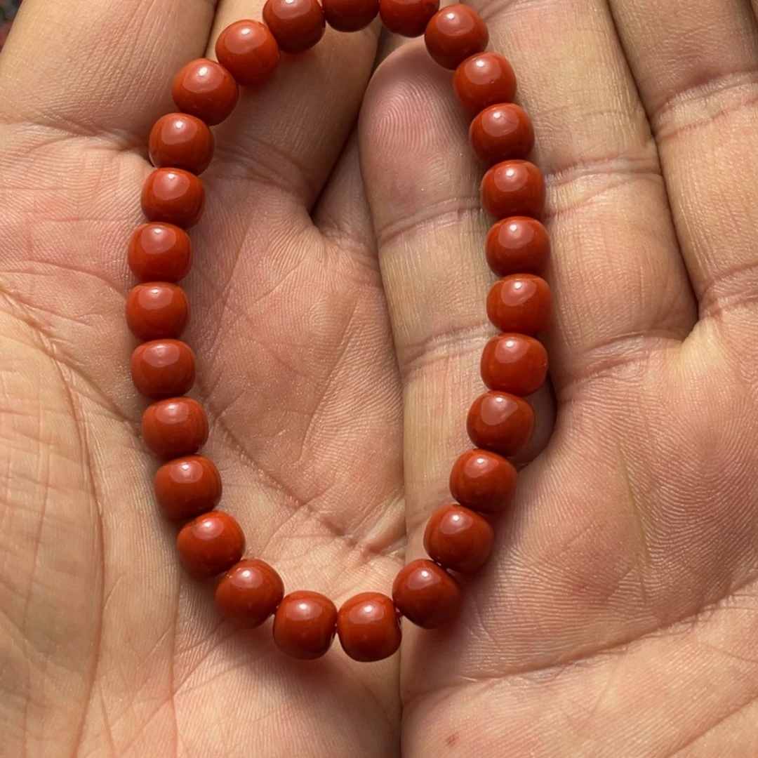 似***年南红玛瑙未镶嵌手链7+原矿柿子红老型单圈