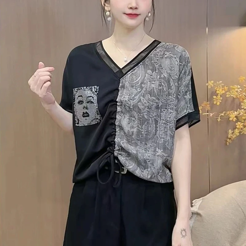 高级感轻薄短袖T恤女2025夏季新款时尚洋气拼色显瘦百搭减龄上衣