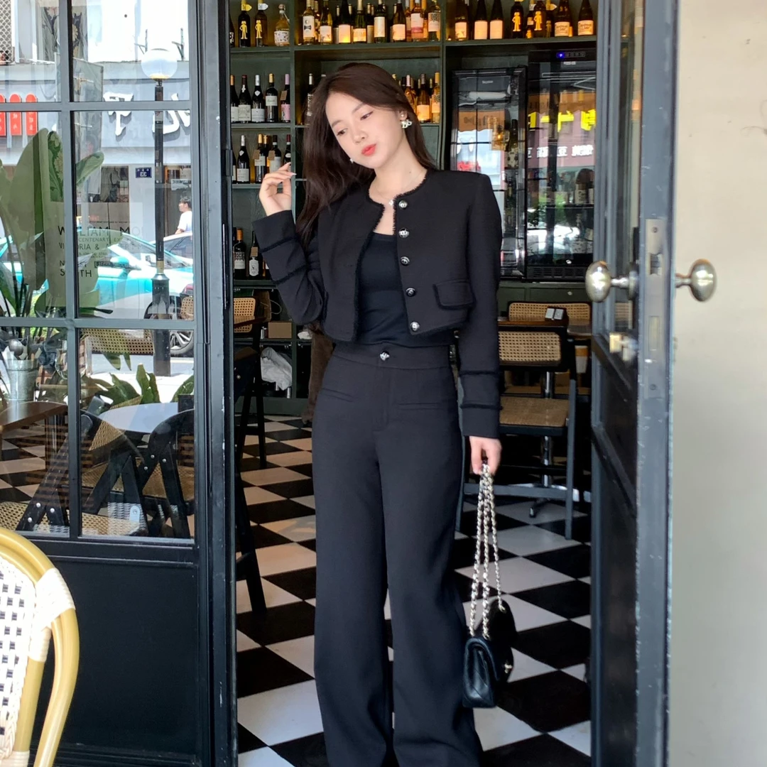 小香风黑色流苏精致正肩外套女高级感小个子短款上衣裤子2024套装