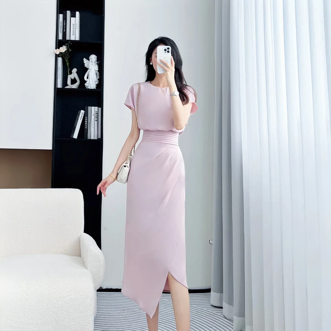 拉夏贝尔24现货青苍短袖时尚法式收腰显瘦长款连衣裙 2131 QQC