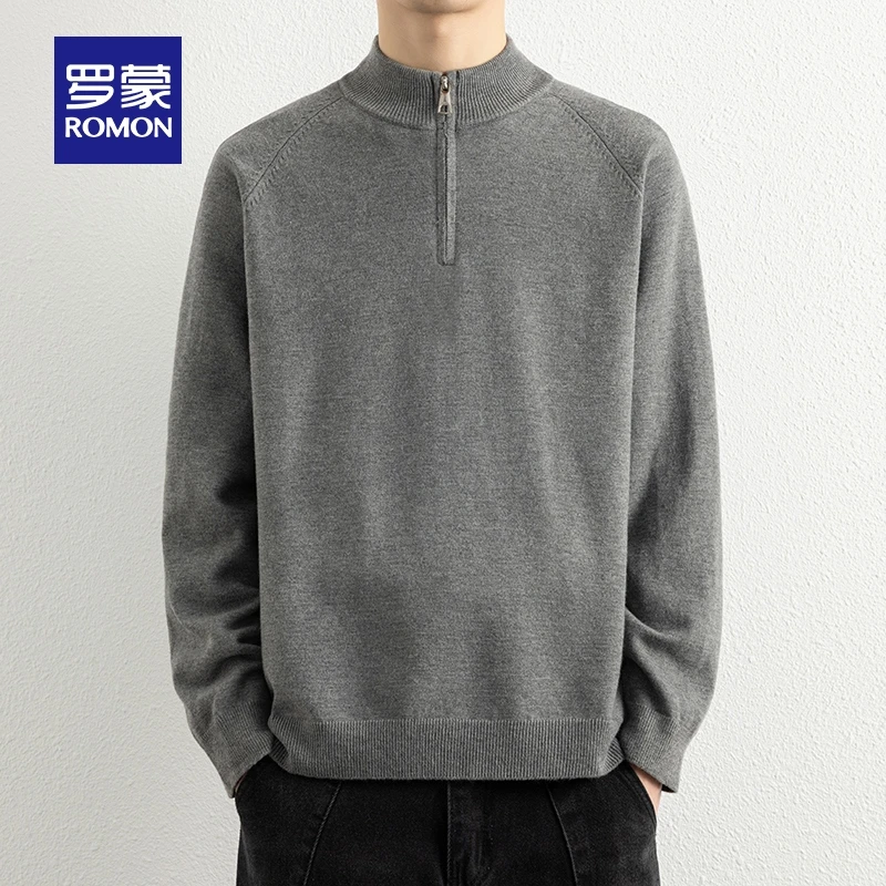 罗蒙男士休闲拉链领针织衫2025秋季新款简约纯色百搭毛衣套头衫男
