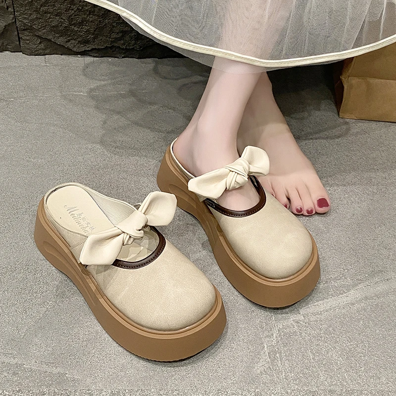 厚底蝴蝶结包头半拖鞋女外穿2025新款春夏季一脚蹬法式玛丽珍凉拖