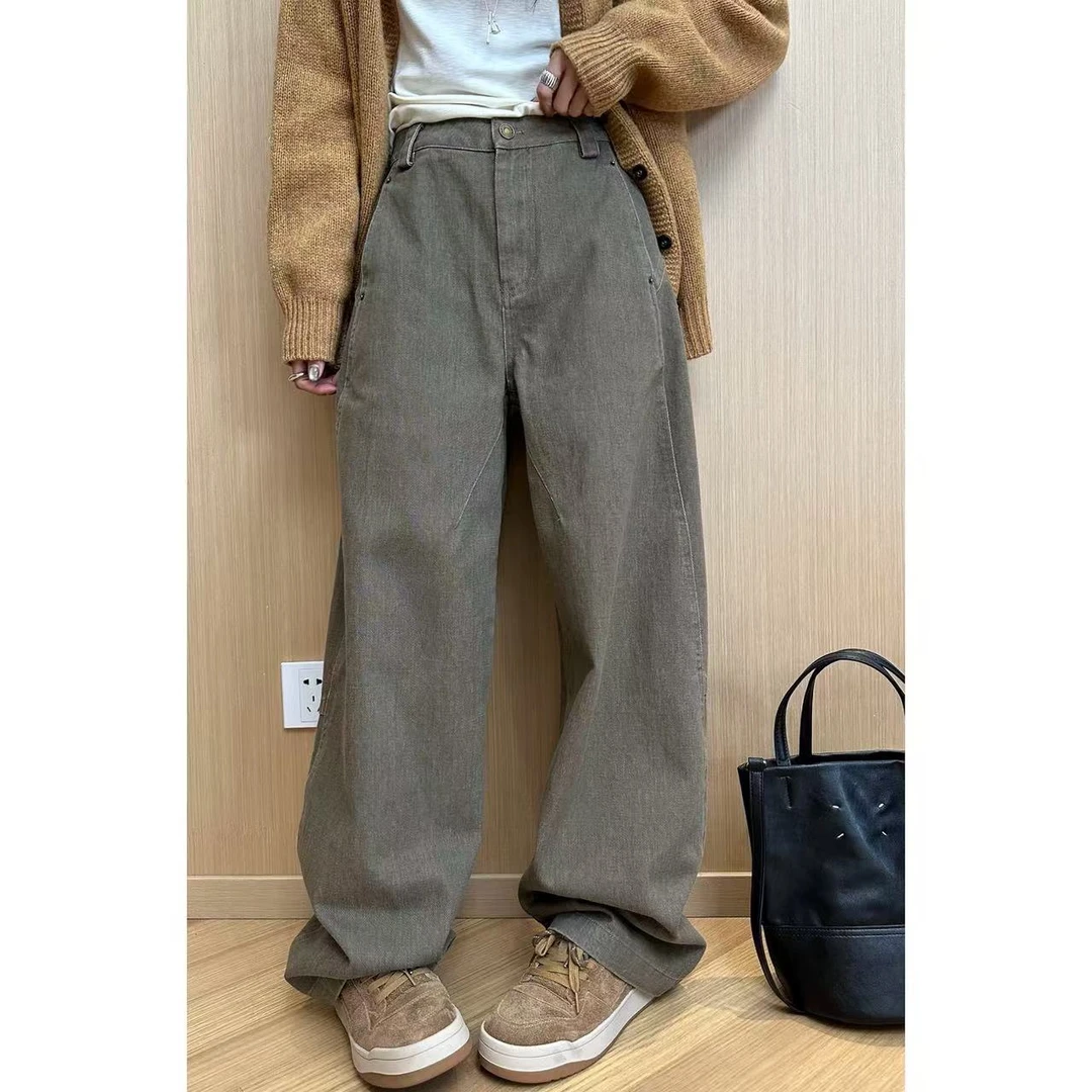 小静静一会【卡其牛仔裤】2025早秋直筒宽松百搭阔腿裤2508C4922
