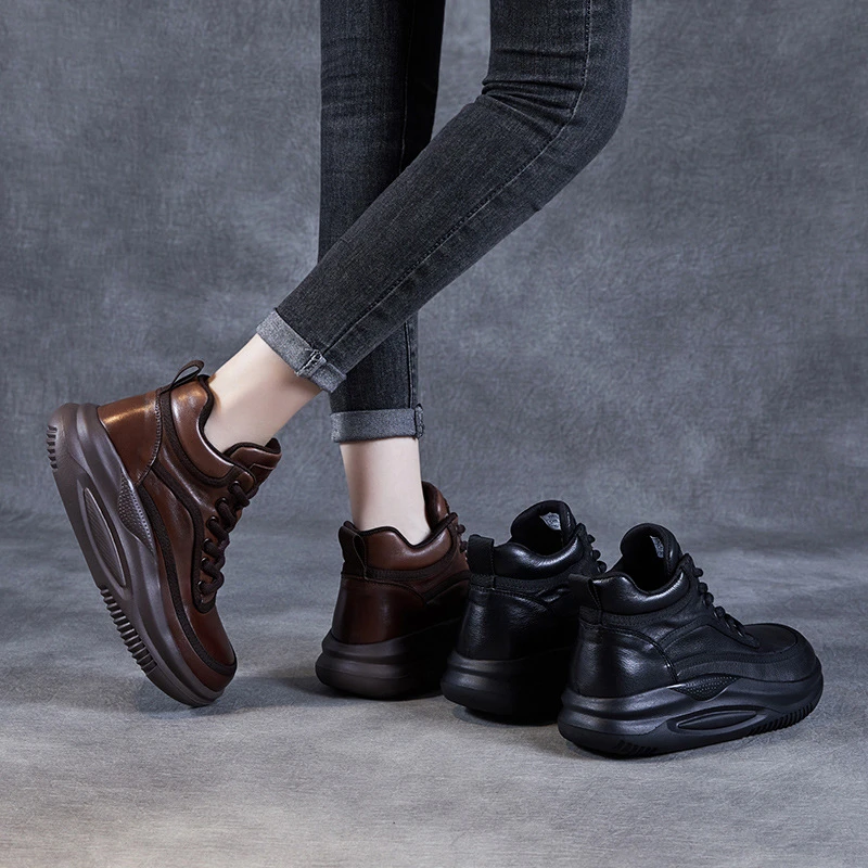 头层牛皮高帮厚底鞋女2025秋季新款真皮摇摇鞋系带复古运动休闲鞋