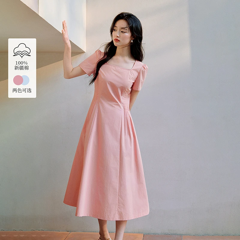 【欧若风新品】茵曼夏季法式方领纯棉连衣裙女压褶收腰显瘦气质长裙