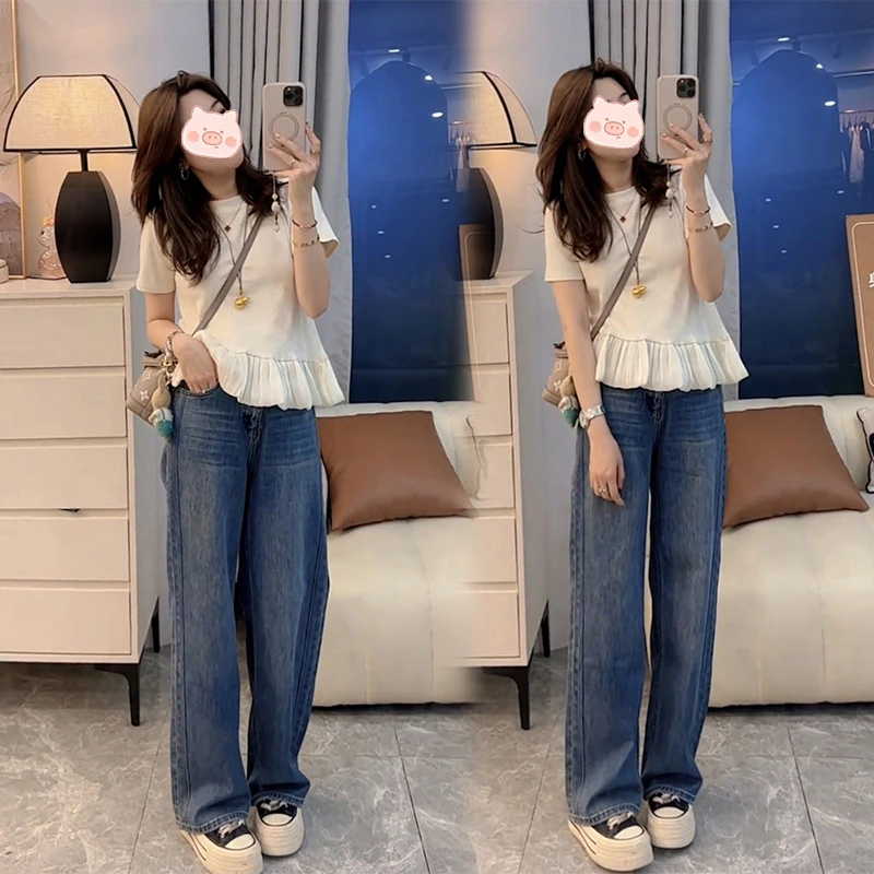 轻奢气质蕾丝边短袖T恤女春夏新款洋气百搭上衣直筒牛仔裤两件套